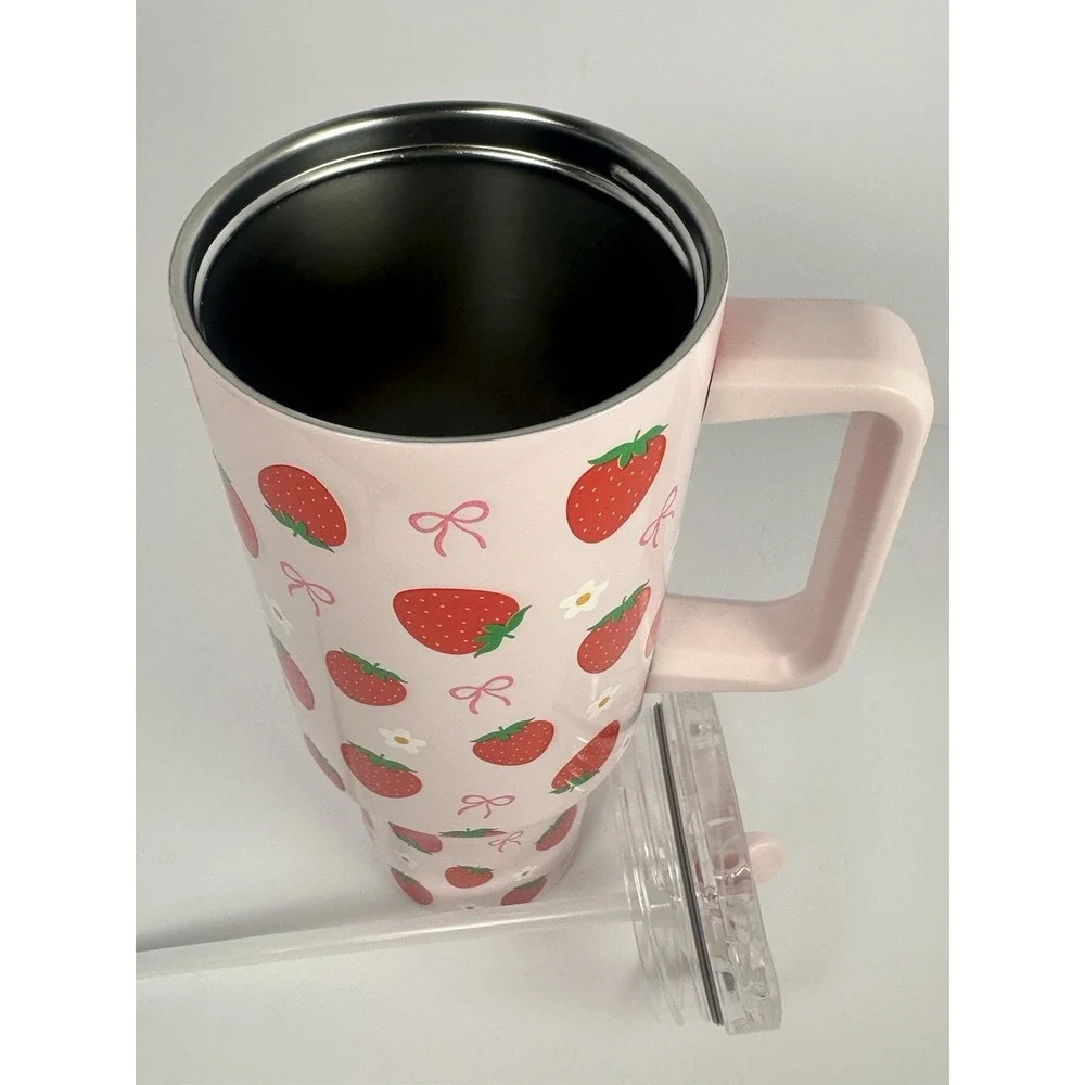 Strawberry Bow Tumbler 40oz Pink Travel Mug Handle Lid Market Square Cute